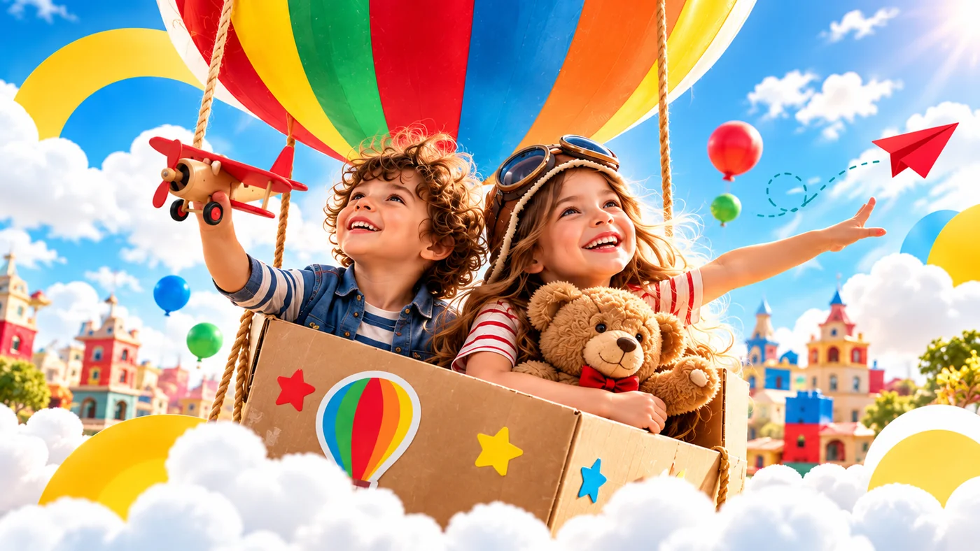 Crianças se divertindo em uma cena colorida com brinquedos